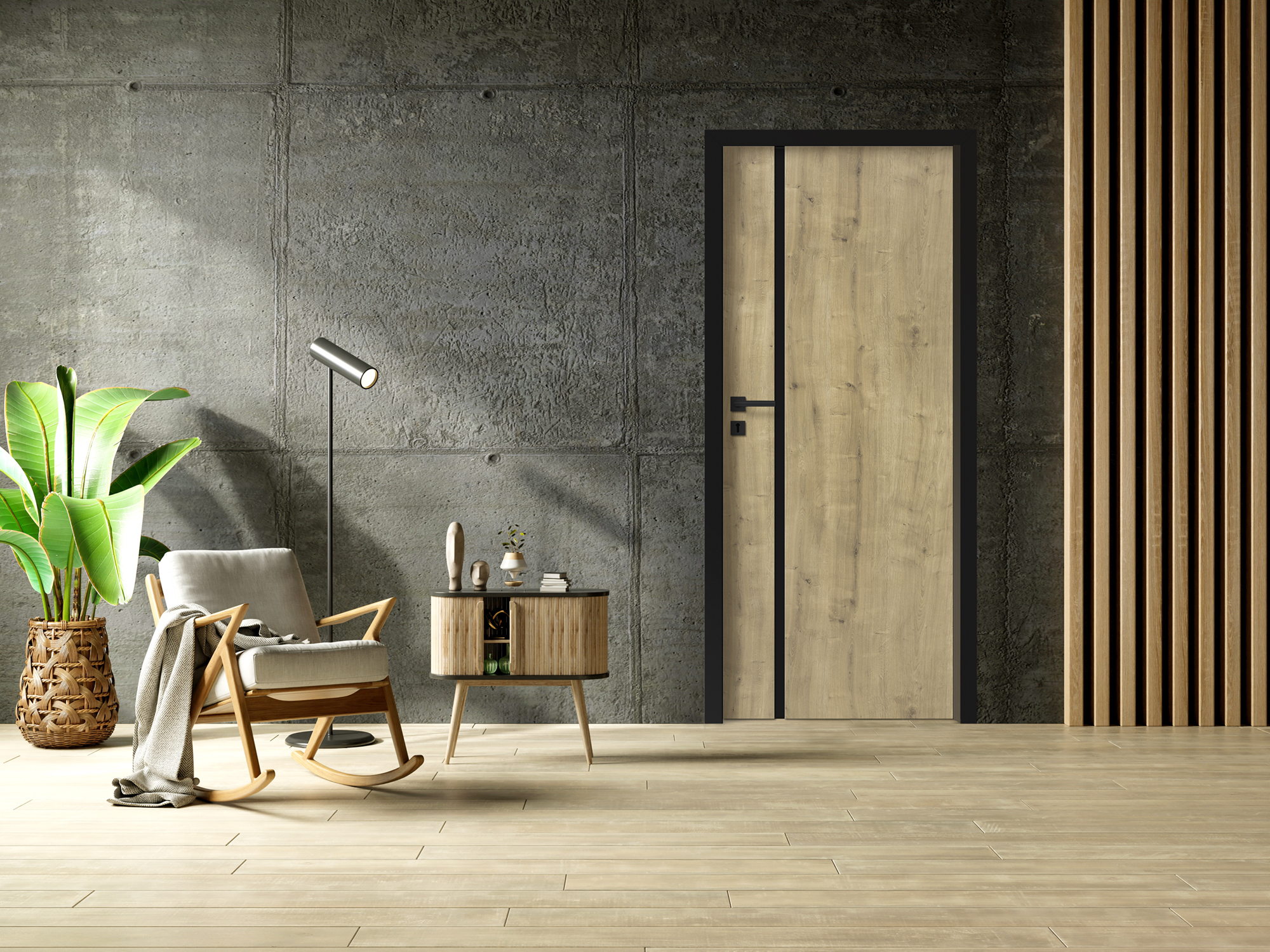 Living room interior in loft style with gray armchair on empty c